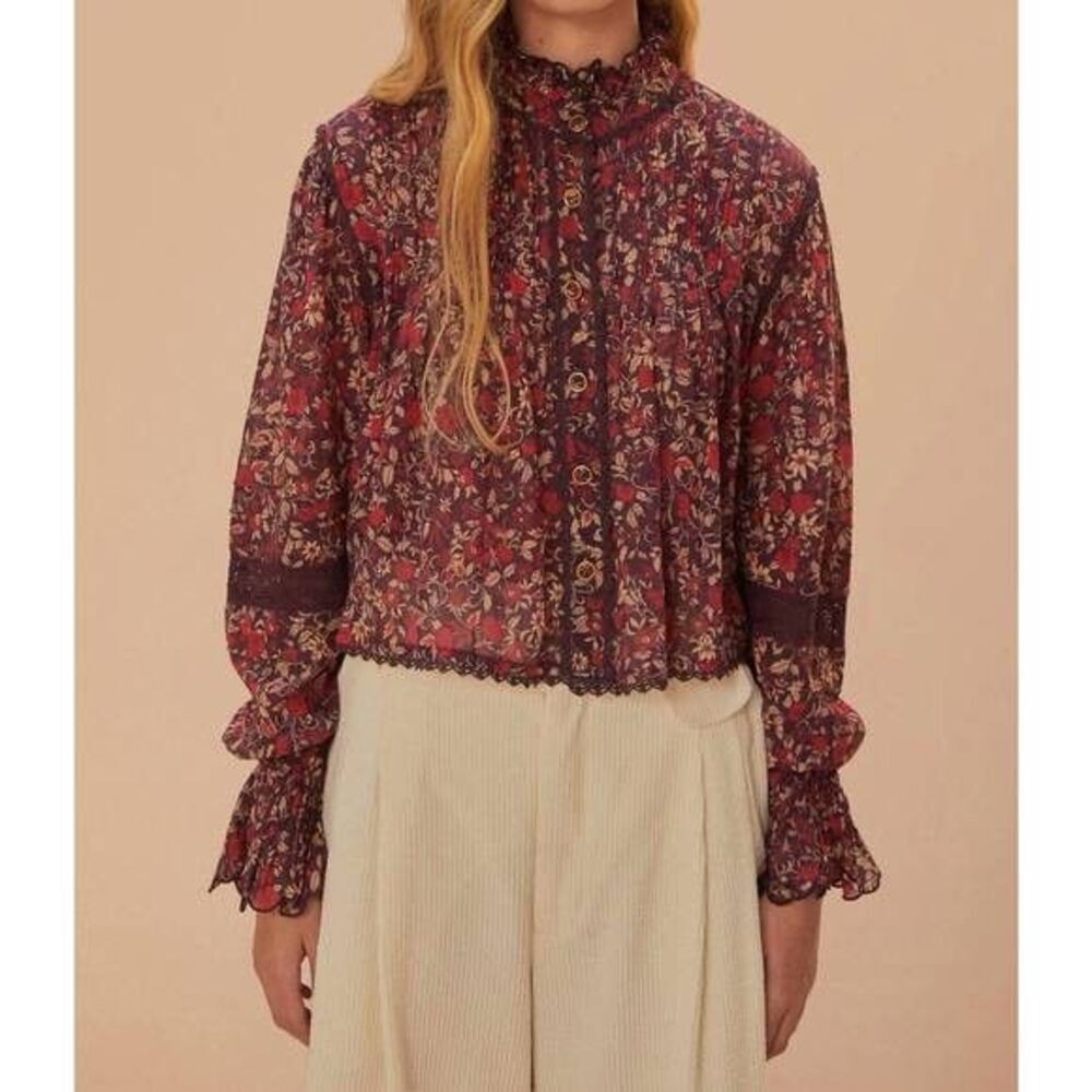 Farm Rio Chelsea Garden Blouse Large Purple Floral Ruffle Boho - Picture 3 of 10